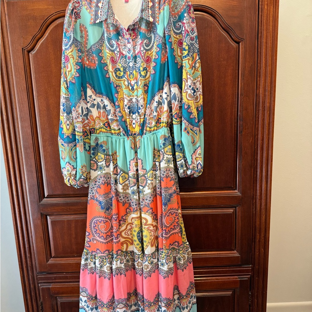 Flying Tomato Teal and Coral Paisley Midi Dress